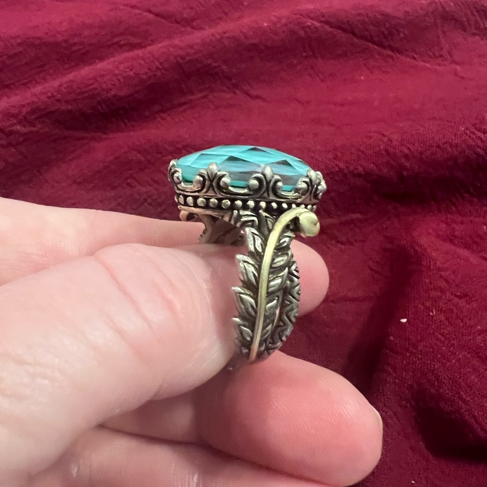 Barbara Bixby, 18 K gold /sterling silver turquoise doublet feather ring size 8